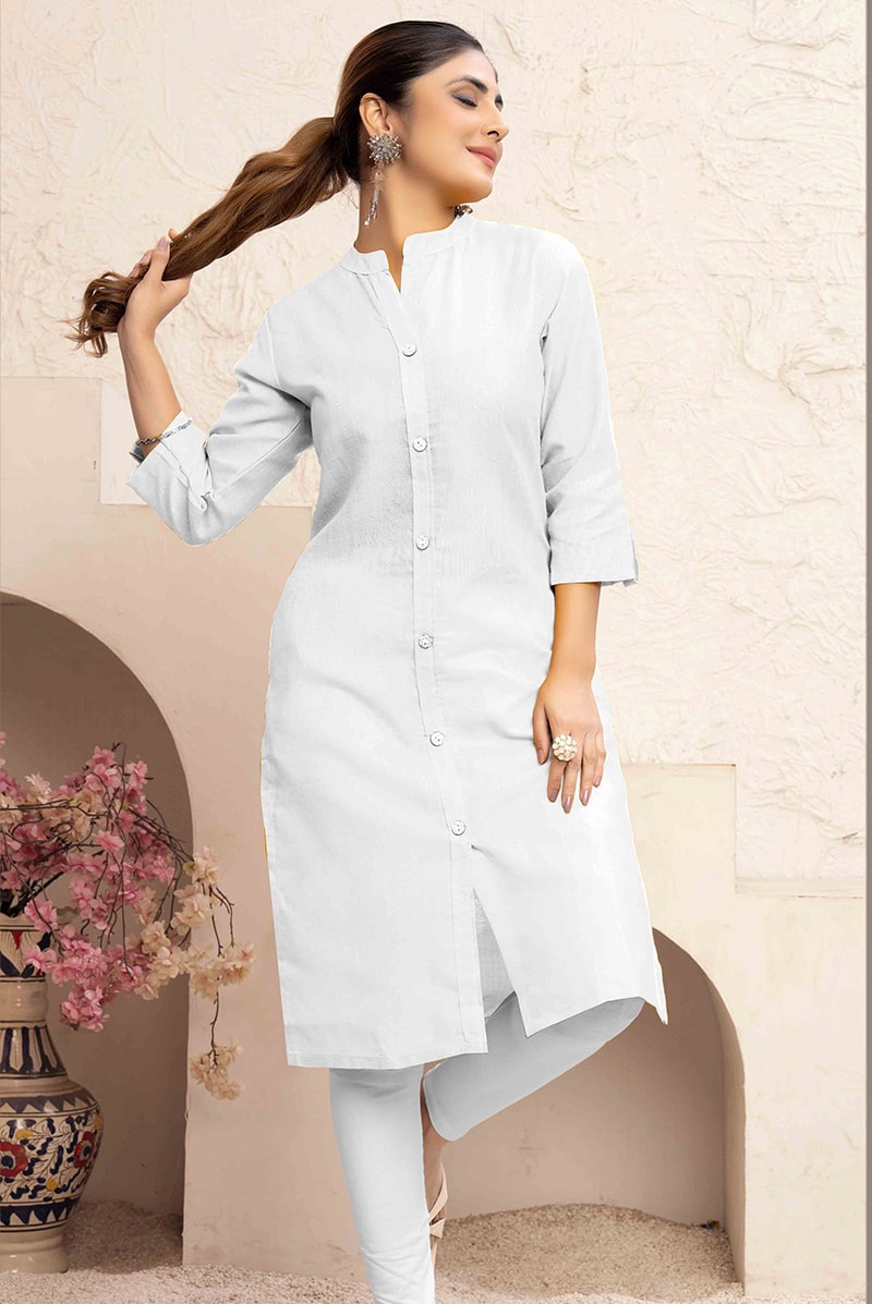 White Cotton Casual Kurti with Functional Pockets