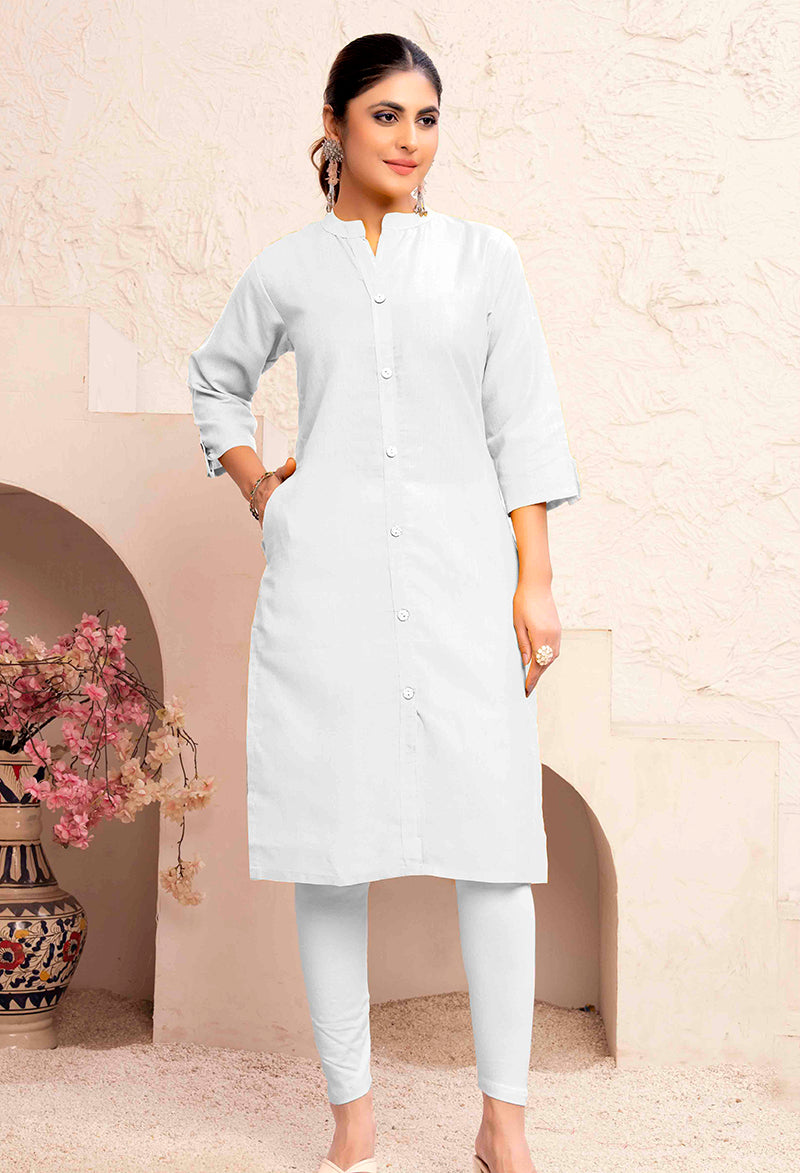 Elegant white cotton casual kurti featuring convenient pockets and a plain design