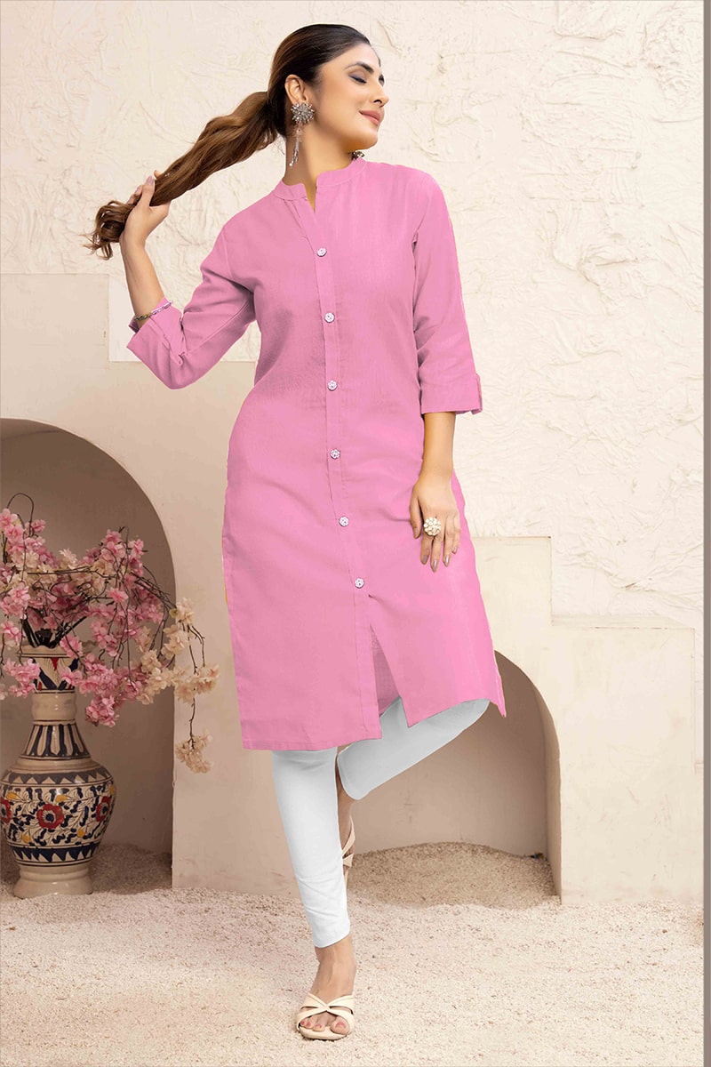 Light Pink Cotton Casual Kurti with Functional Pockets