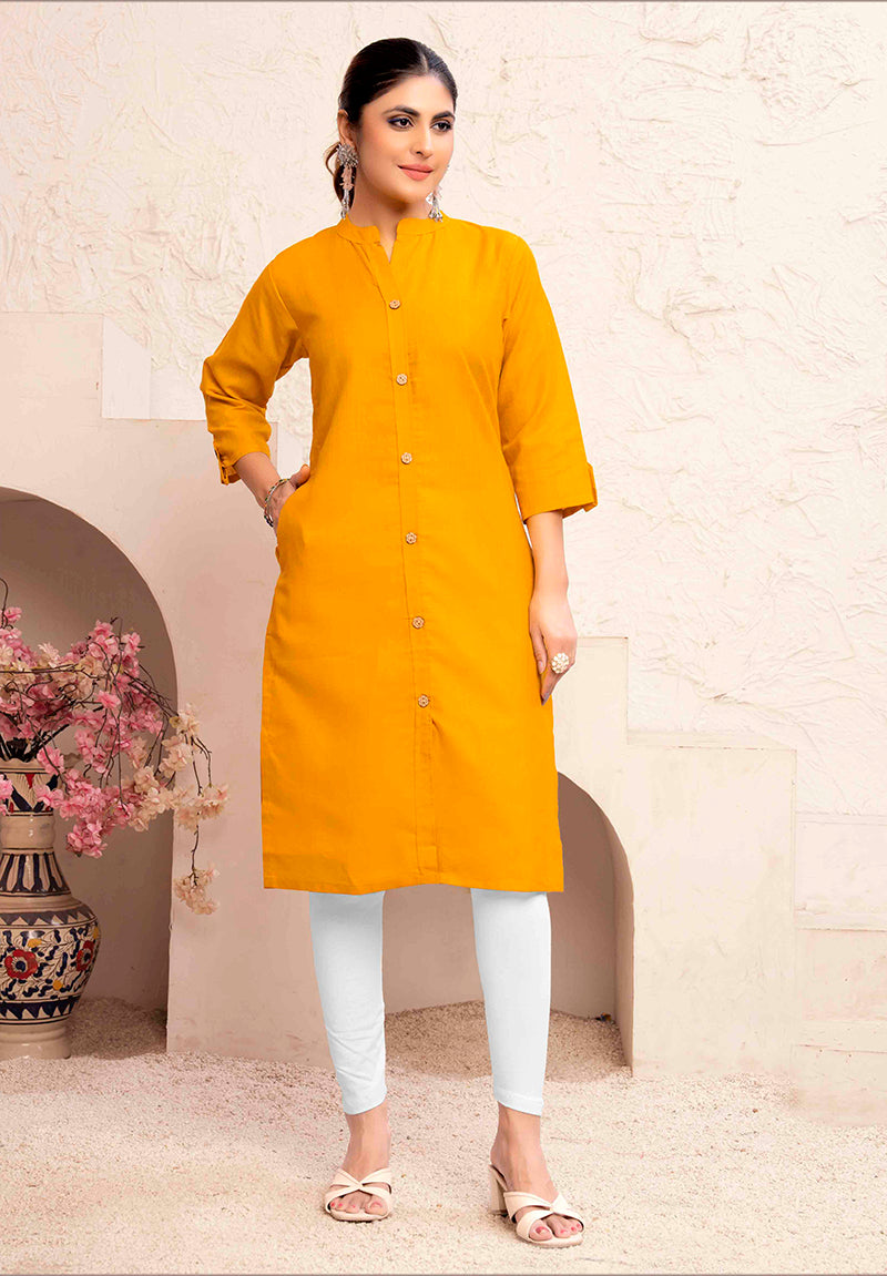 Mustard Yellow Cotton Casual Kurti with Pockets