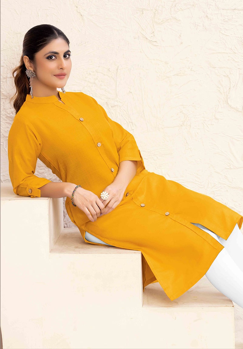 Mustard Yellow Cotton Casual Kurti with Pockets
