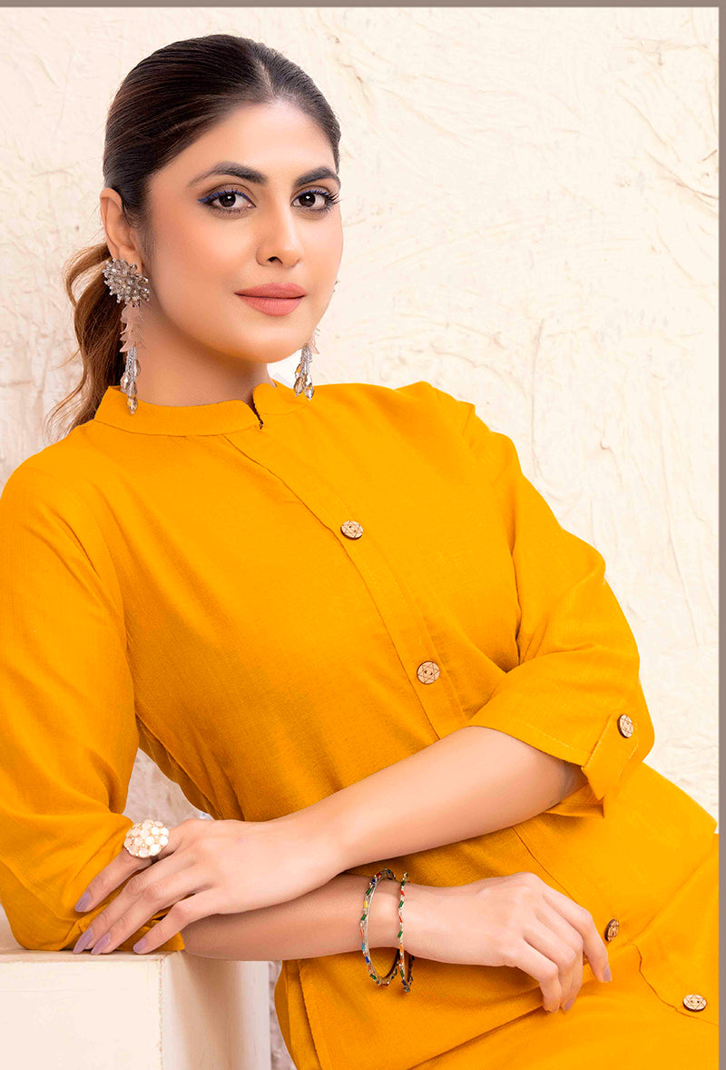 Mustard Yellow Cotton Casual Kurti with Pockets