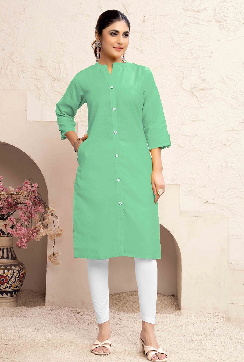 Women’s Sea Green Cotton Casual Kurti with Functional Pockets