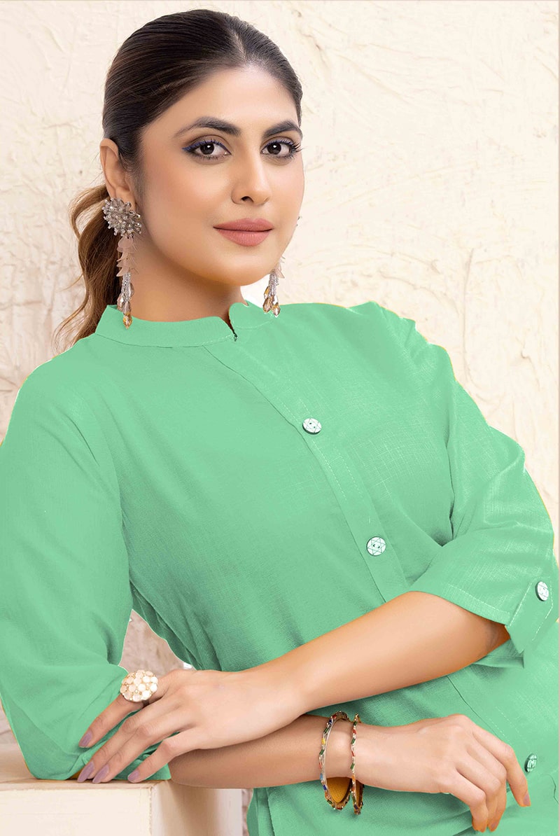 Women’s Sea Green Cotton Casual Kurti with Functional Pockets