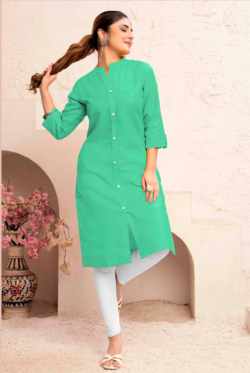 A sea green cotton casual kurti for women featuring a minimalist design and side pockets