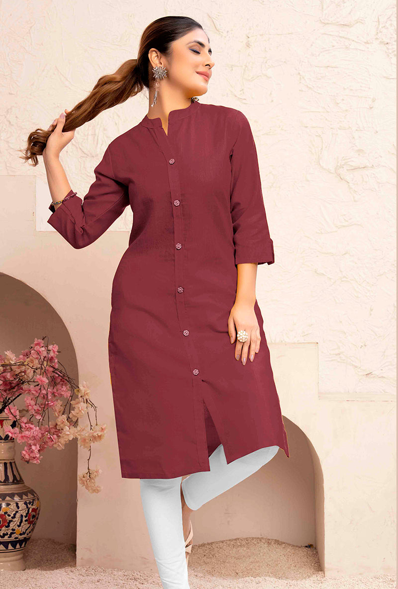 A stylish brown cotton casual kurti with visible pocket detail for women