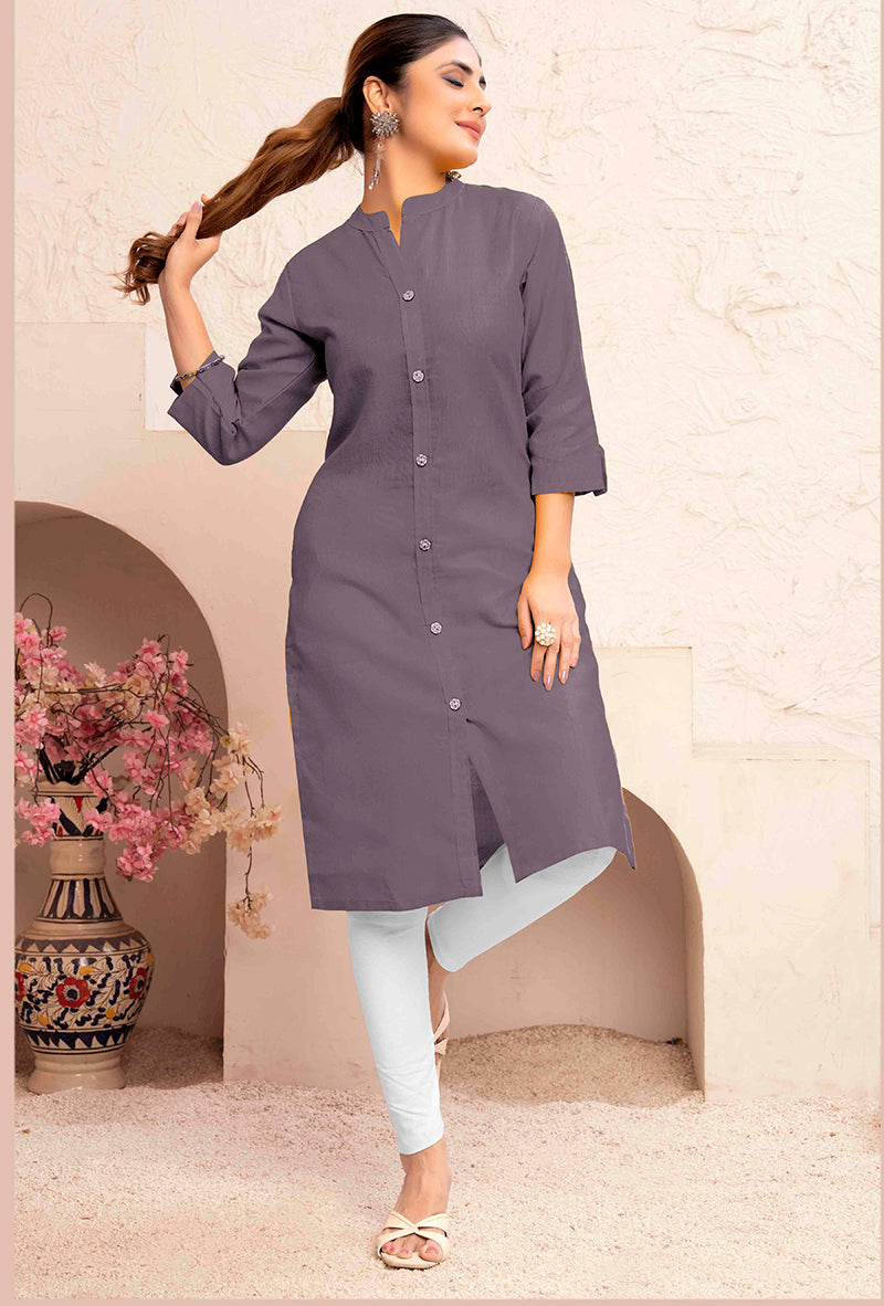A stylish grey cotton casual kurti with a side pocket, 44-inch length, and a minimalist design.