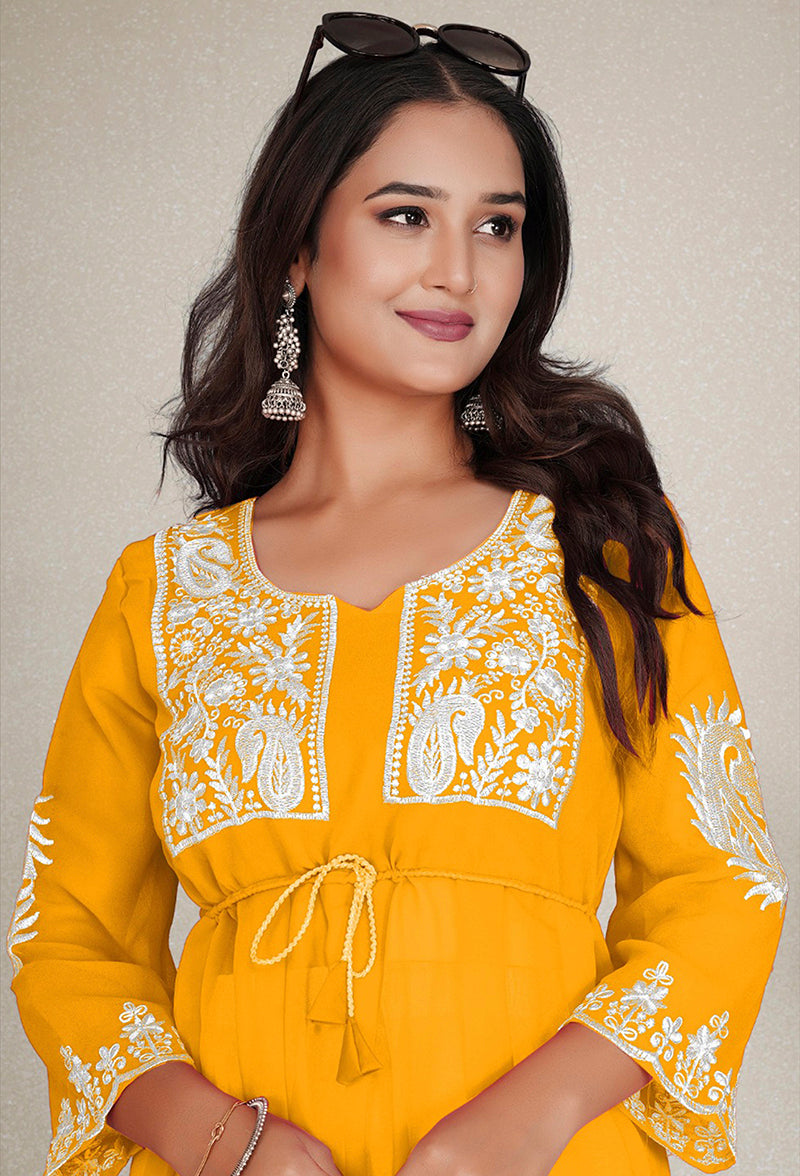 Mustard Yellow Embroidered Georgette Casual Kurti for Women