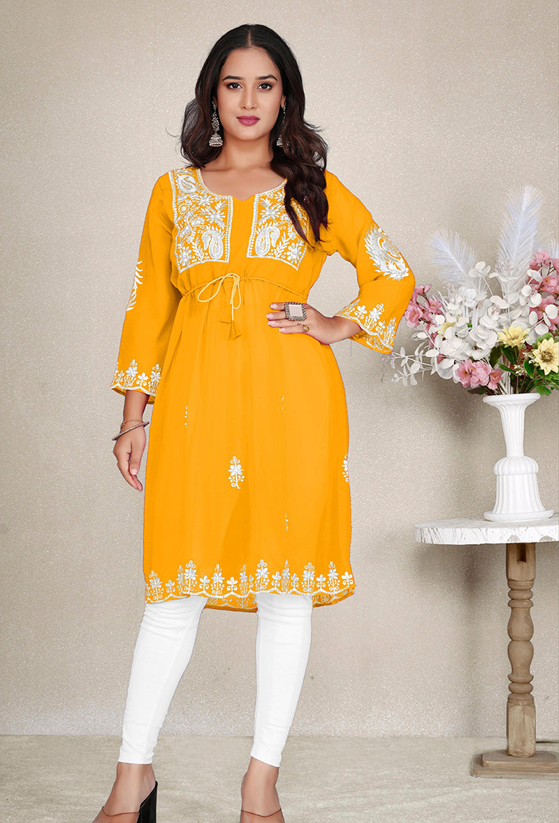 Mustard Yellow Embroidered Georgette Casual Kurti for Women