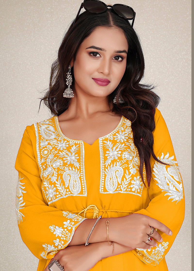 Mustard Yellow Embroidered Georgette Casual Kurti for Women