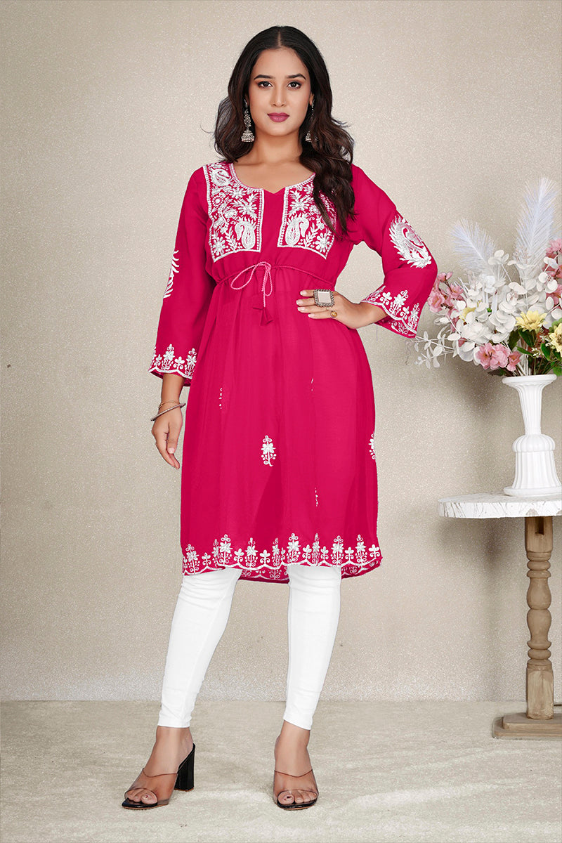 Rani Pink Embroidered Georgette Casual Kurti for Women