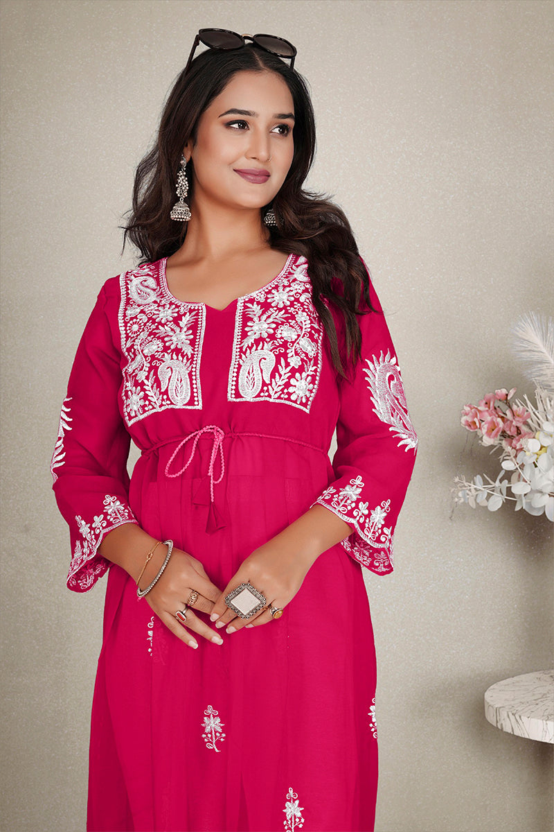 Rani Pink Embroidered Georgette Casual Kurti for Women