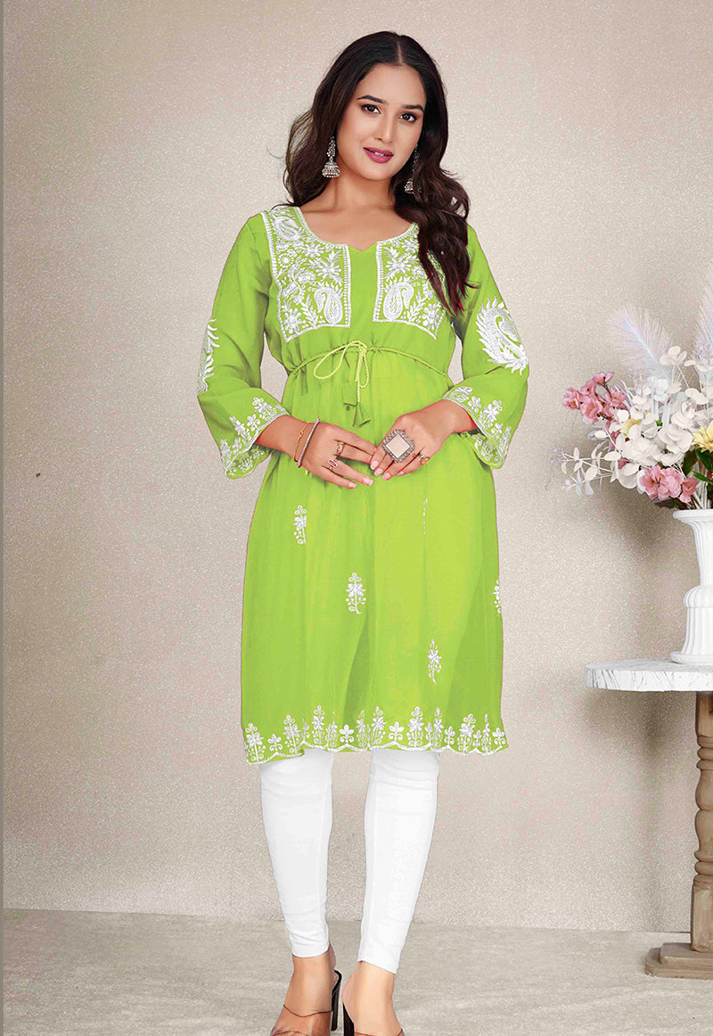 Parrot green georgette kurti with intricate embroidery detailing