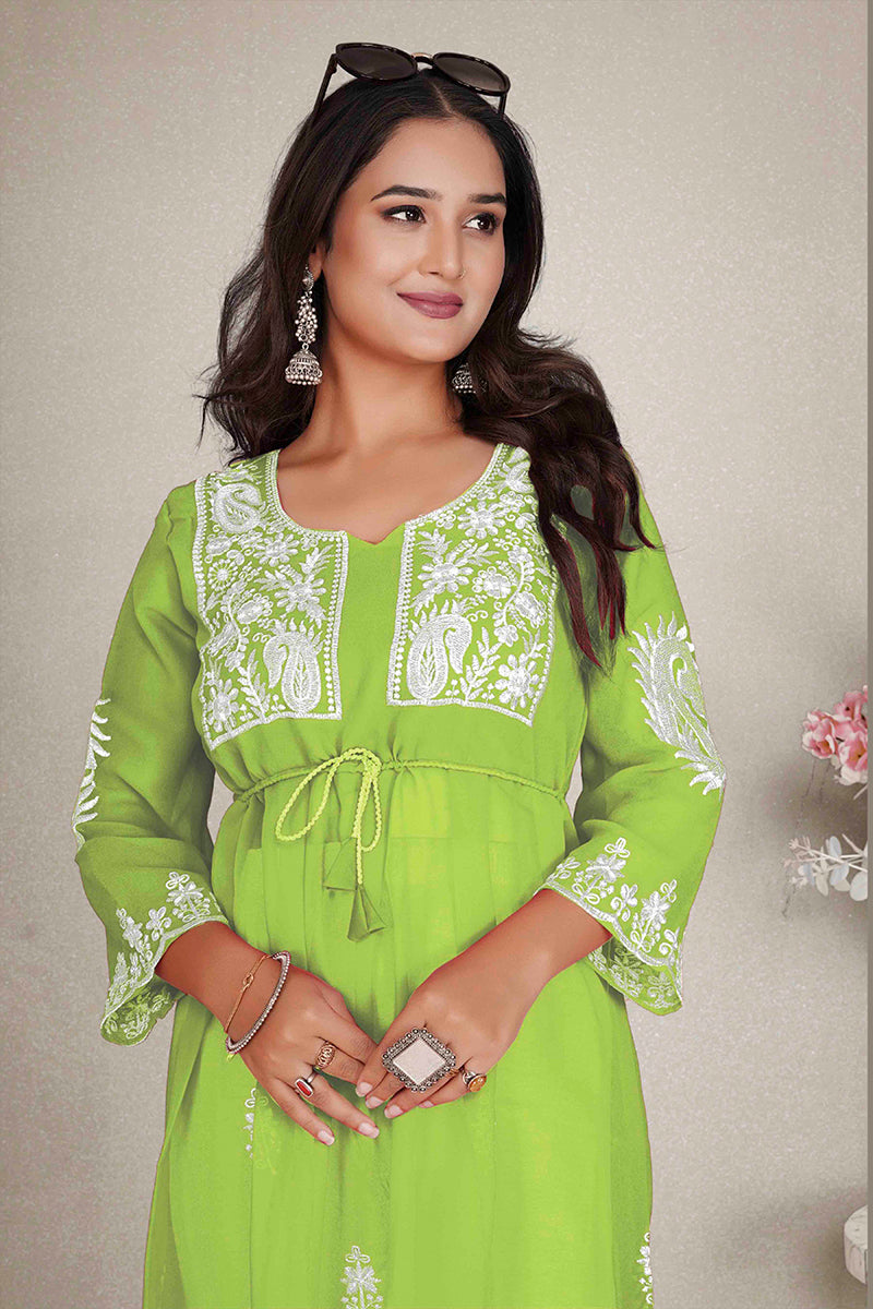 Parrot Green Embroidered Georgette Casual Kurti