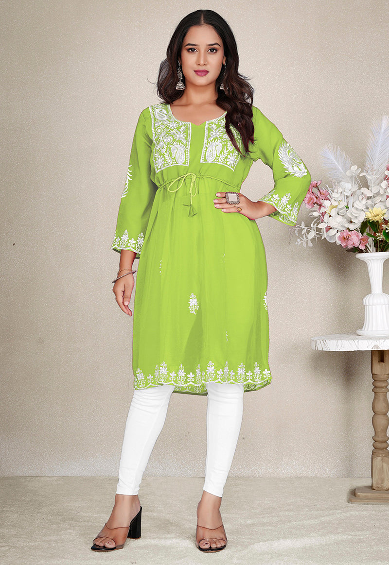 Parrot Green Embroidered Georgette Casual Kurti