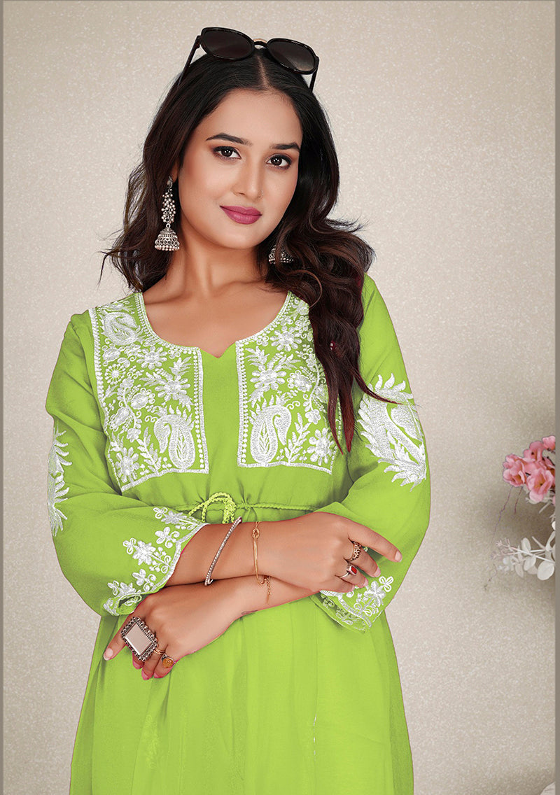 Parrot Green Embroidered Georgette Casual Kurti