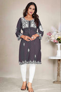 Dark Grey Georgette Casual Kurti with detailed embroidery, 44-inch length