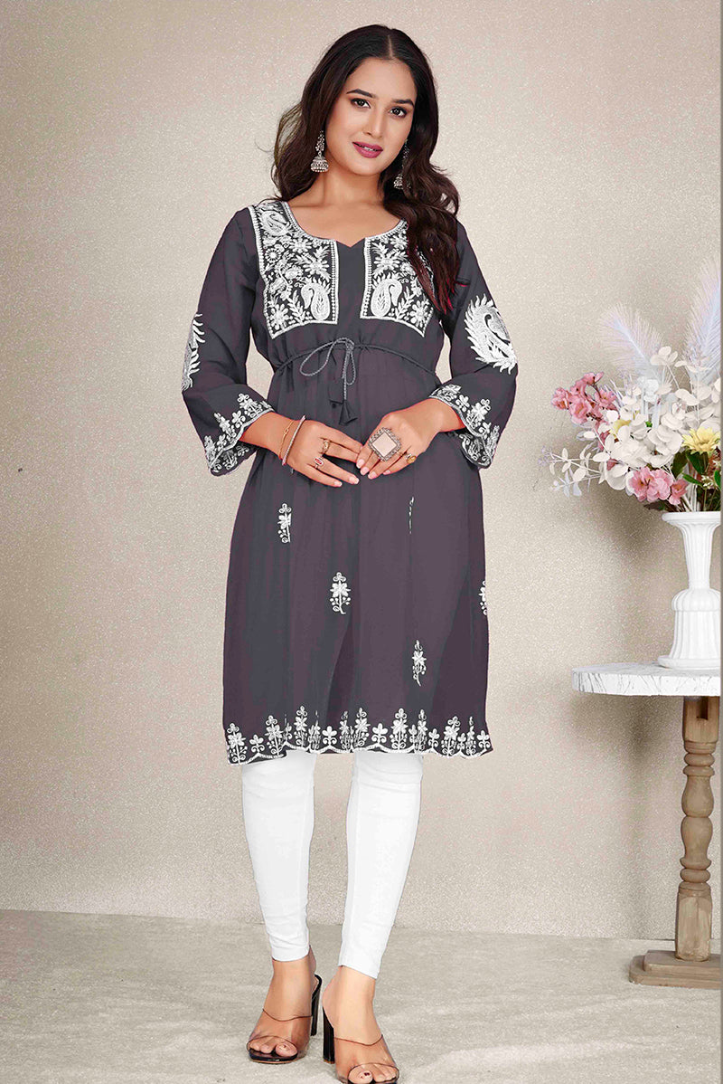 Dark Grey Georgette Casual Kurti with detailed embroidery, 44-inch length