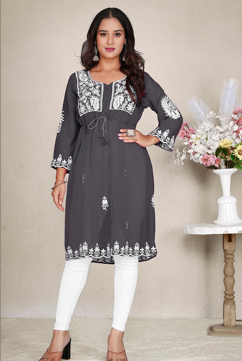 Dark Grey Embroidered Georgette Casual Kurti for Women