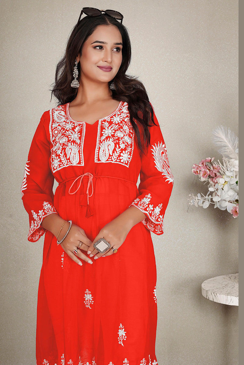 Orange Embroidered Georgette Casual Kurti for Women