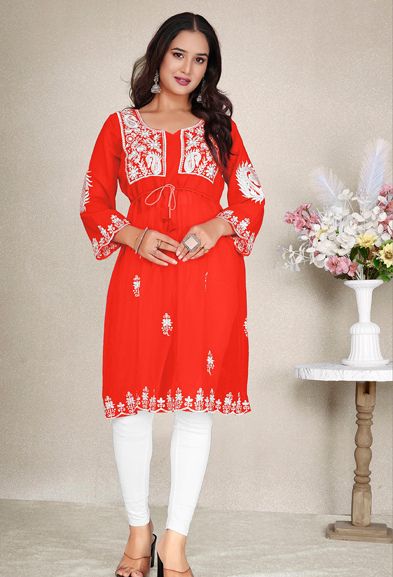 Orange Embroidered Georgette Casual Kurti for Women