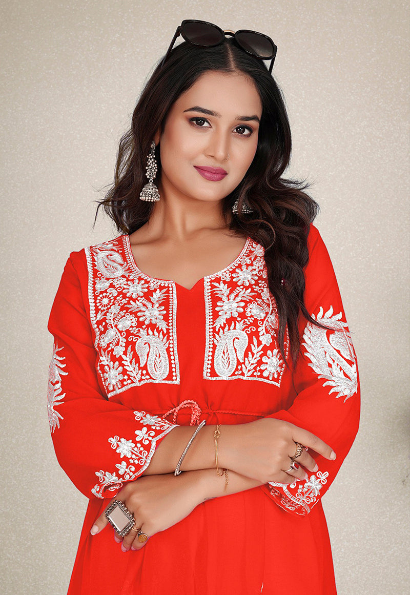 Orange Embroidered Georgette Casual Kurti for Women