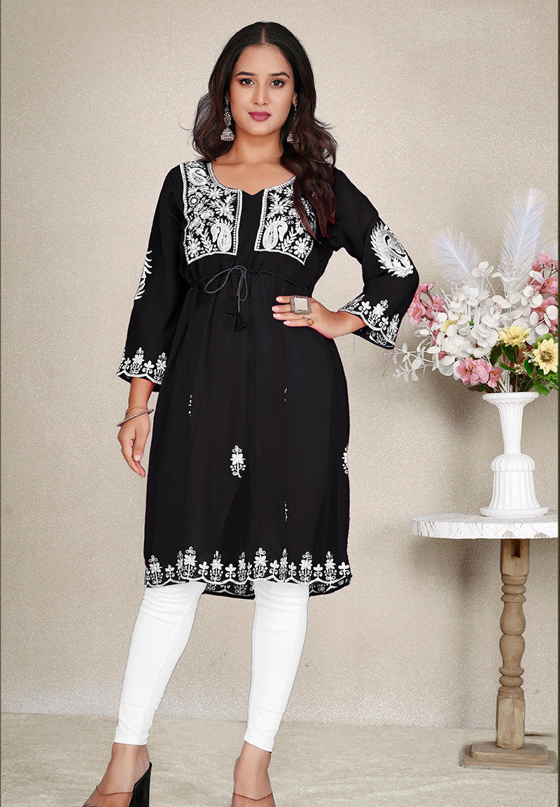 Black Embroidered Georgette Casual Kurti for Women