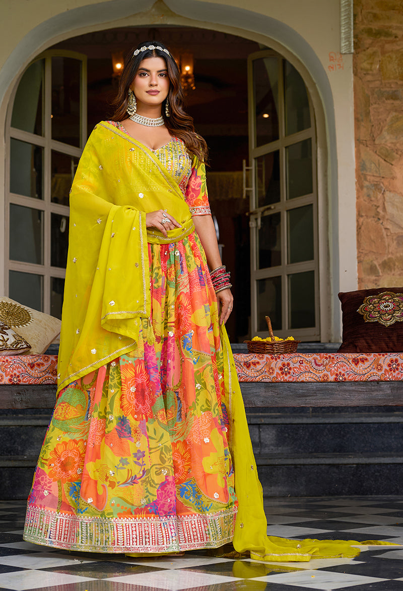 Close up of a vibrant multi-color art silk lehenga choli with printed designer patterns.