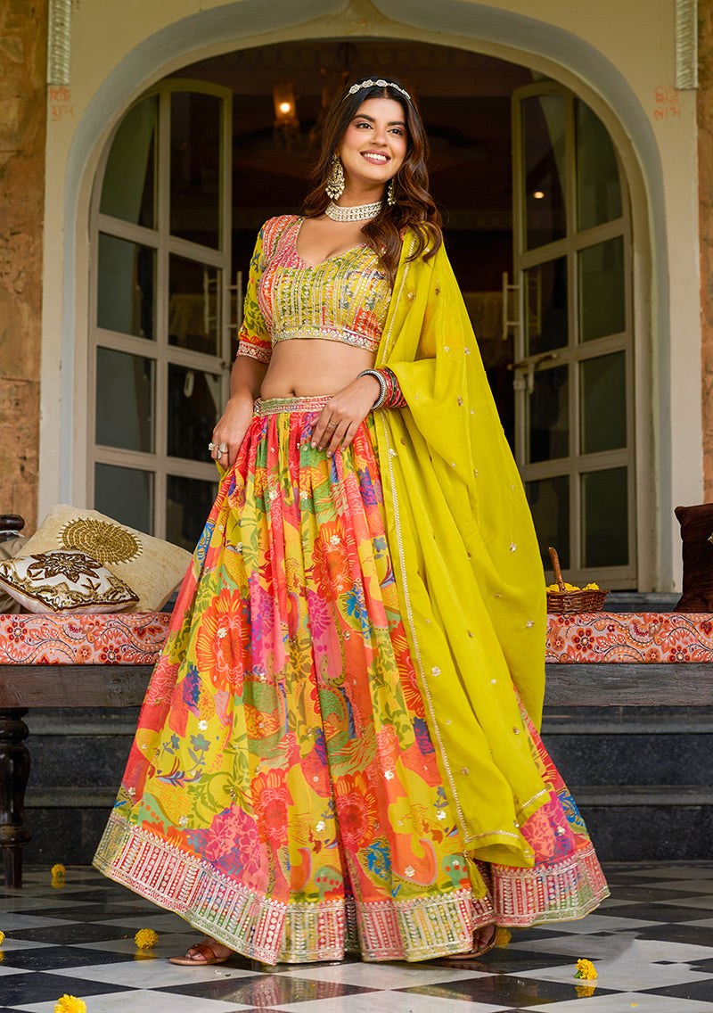 Multi Colour Art Silk Designer Lehenga Choli with Print