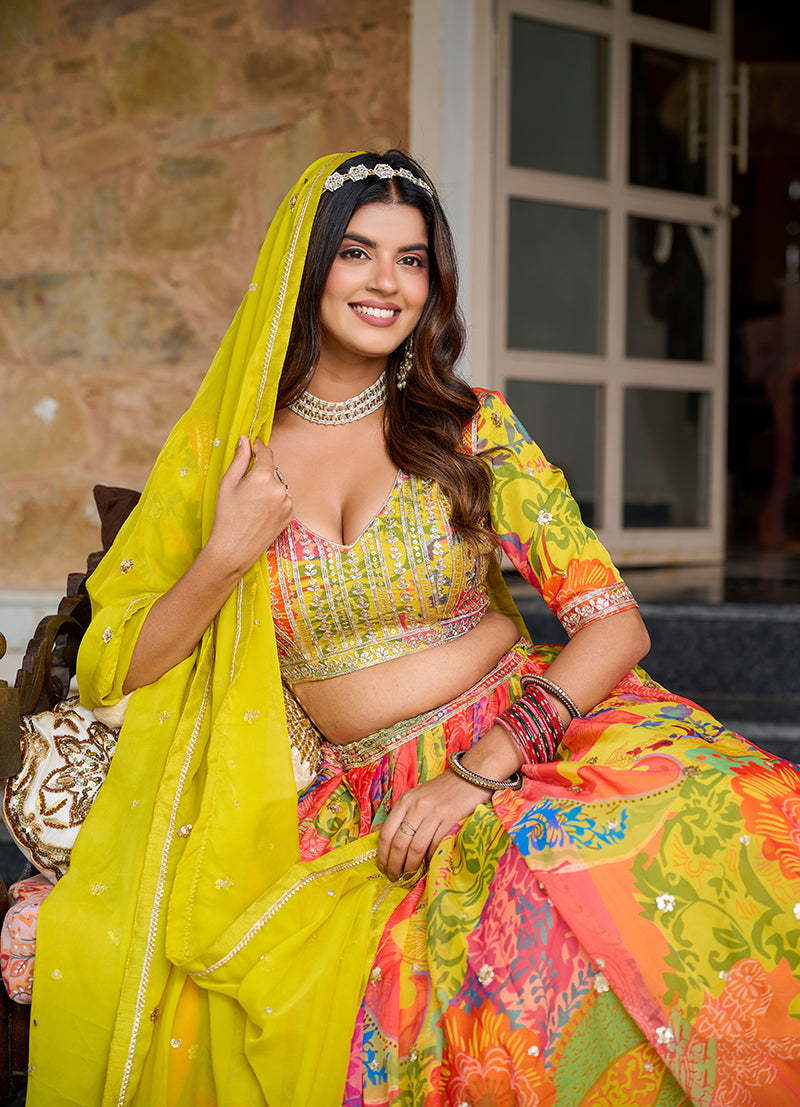 Multi Colour Art Silk Designer Lehenga Choli with Print