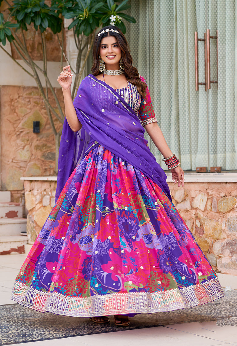 Floral Print Art Silk Designer Lehenga Choli in Multi Colour