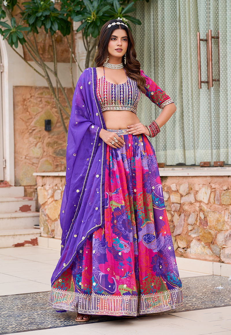 Floral Print Art Silk Designer Lehenga Choli in Multi Colour