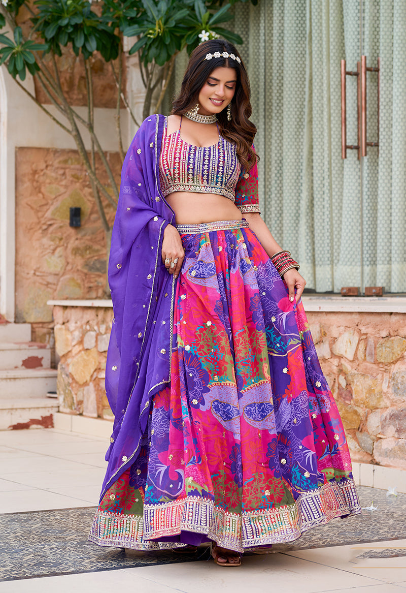 Multi-colour floral print art silk lehenga choli featuring purple and pink accents