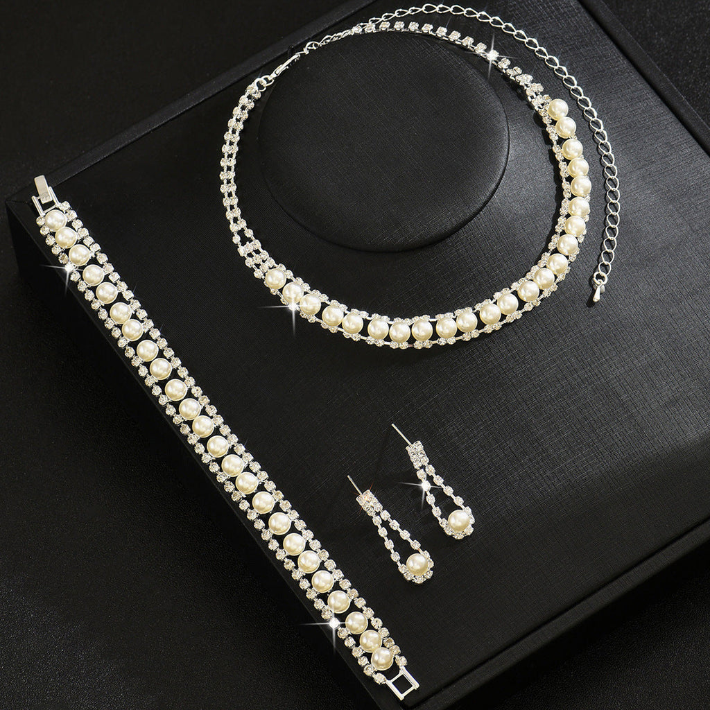 European And American Jewelry Wedding Dress Dinner Photography Accessories Pearl Rhinestone Chain Necklace Earrings Bracelet Three-Piece Set