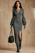Women's Slim-Fit Ribbed Knit Midi Dress | Zip Collar & Lantern Sleeves