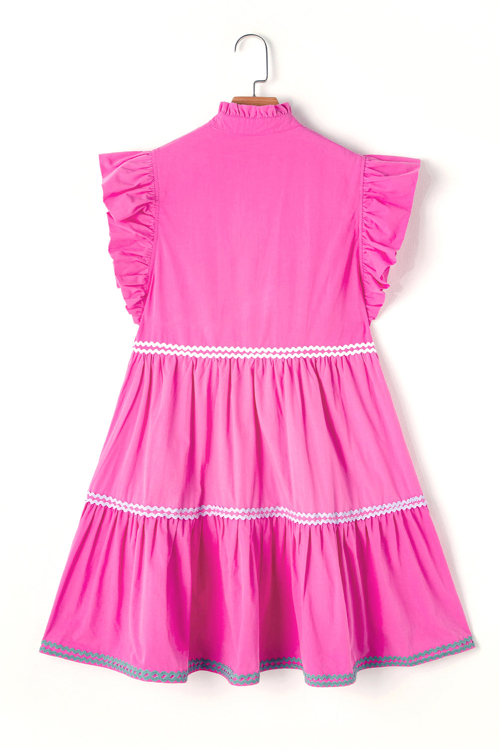 Pink Flutter Sleeve Tiered Ric-Rac Mini Dress