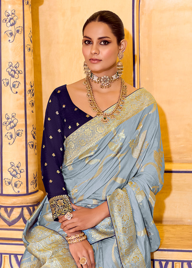 Light Blue Faux Crepe Silk Saree with Elegant Zari Weaving Work