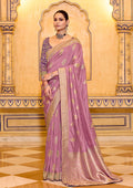 Onion pink faux crepe silk saree with intricate gold zari weaving patterns and unstitched blouse