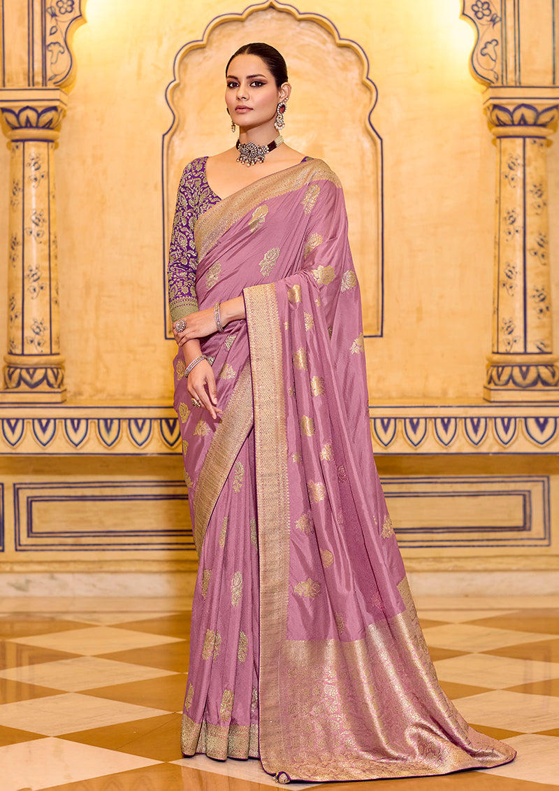 Onion pink faux crepe silk saree with intricate gold zari weaving patterns and unstitched blouse