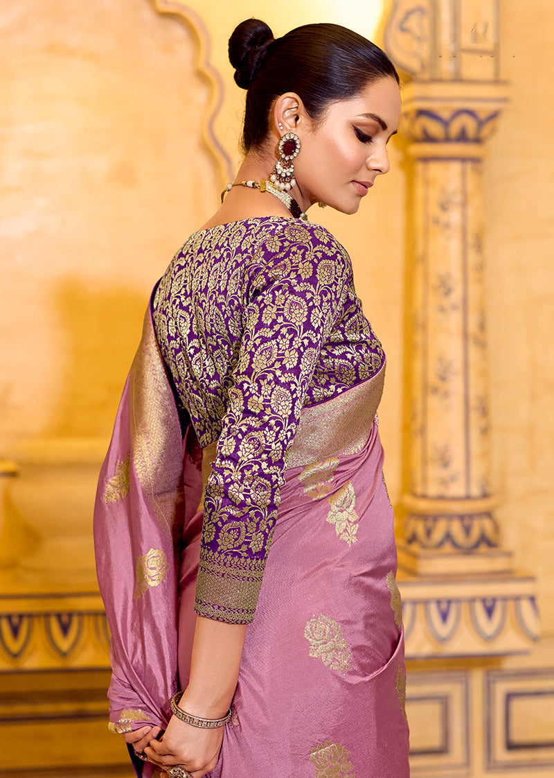 Onion Pink Faux Crepe Silk Saree with Elegant Zari Weaving Work