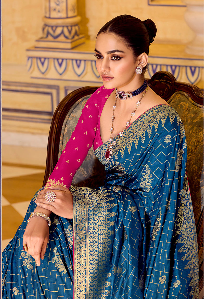 Teal Blue Faux Crepe Silk Saree with Zari Weaving Work