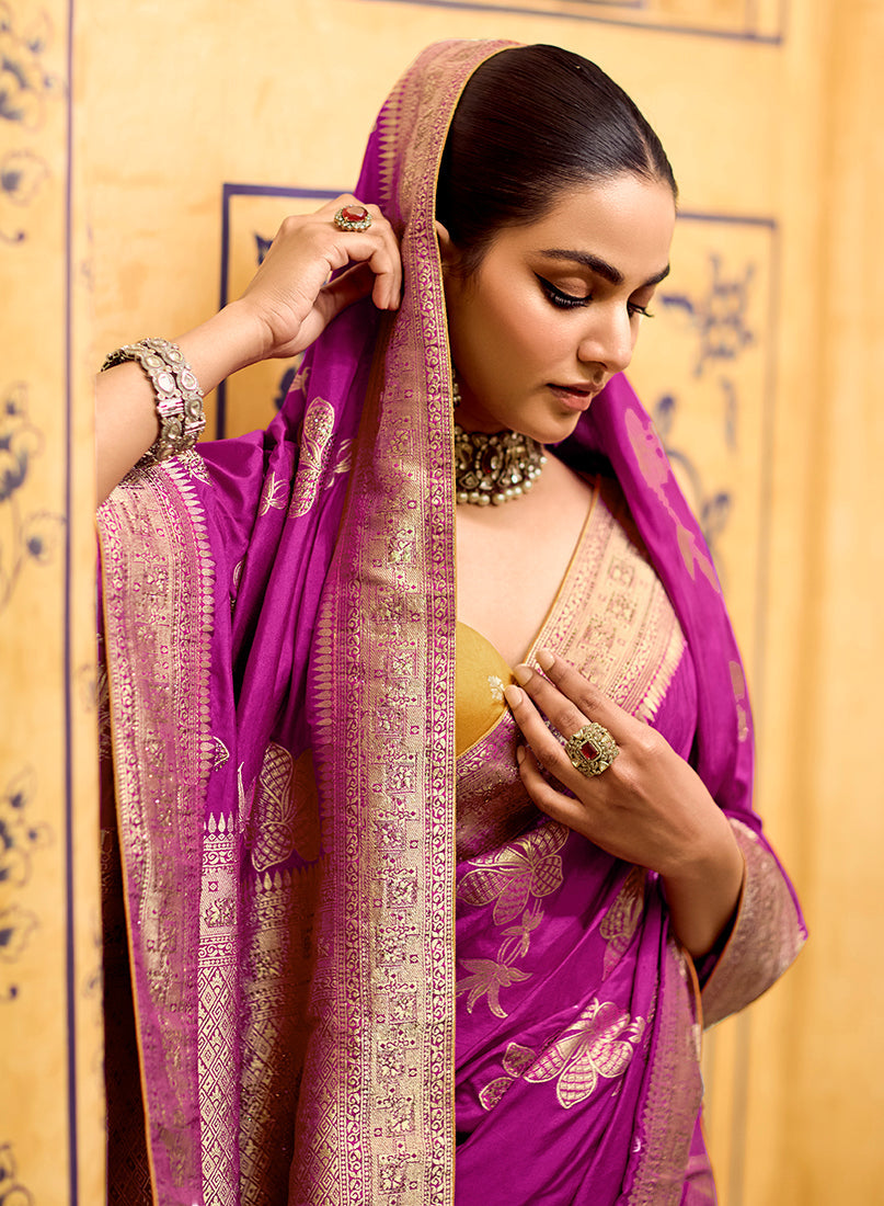 Magenta Faux Crepe Silk Saree with Traditional Zari Weaving