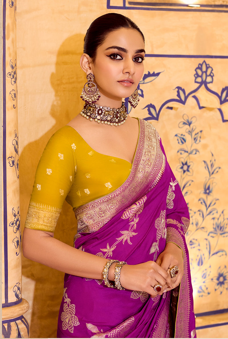 Magenta Faux Crepe Silk Saree with Traditional Zari Weaving