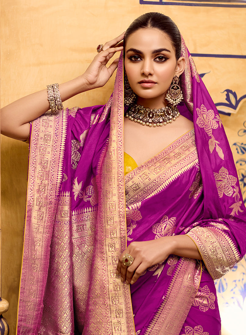 Magenta Faux Crepe Silk Saree with Traditional Zari Weaving