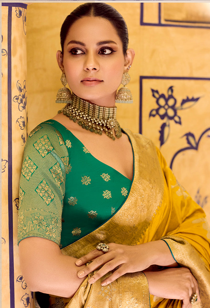 Mustard Faux Crepe Silk Saree with Elegant Zari Weaving Work