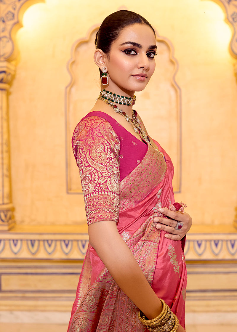 Dark Peach Faux Crepe Silk Saree with Elegant Zari Weaving Work