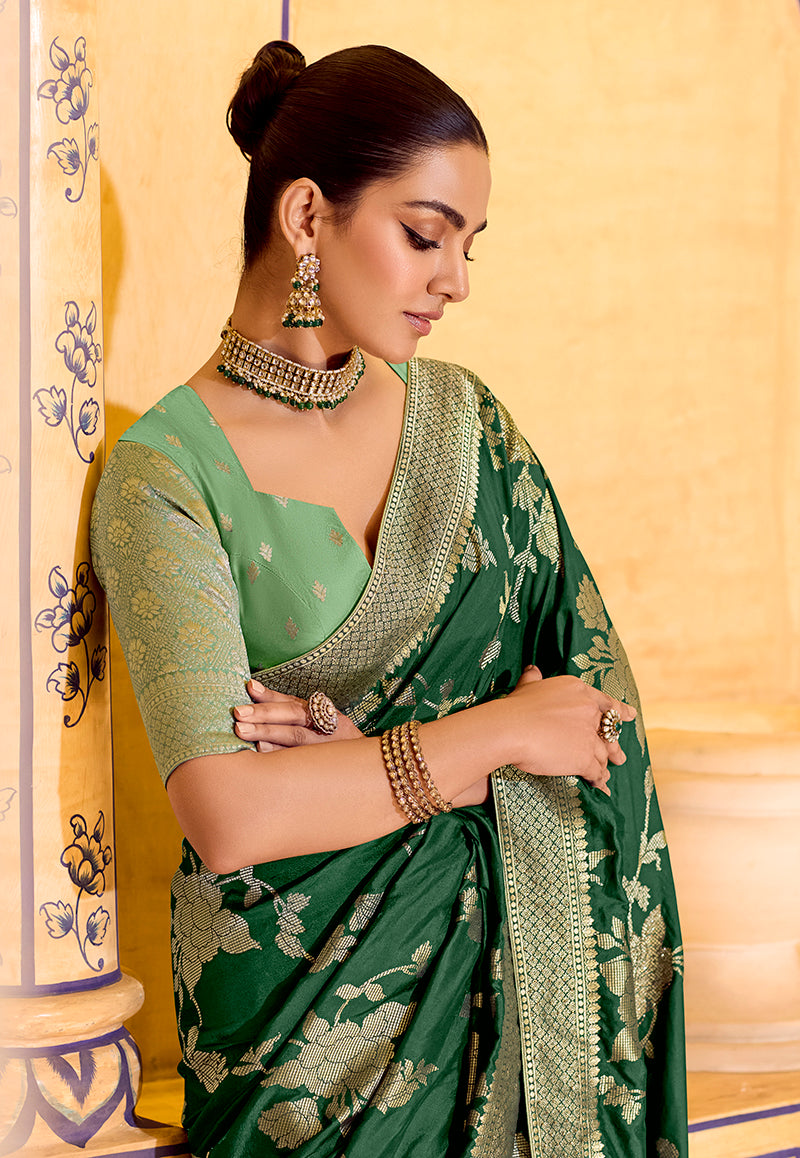 Dark Green Faux Crepe Silk Saree with Elegant Zari Weaving