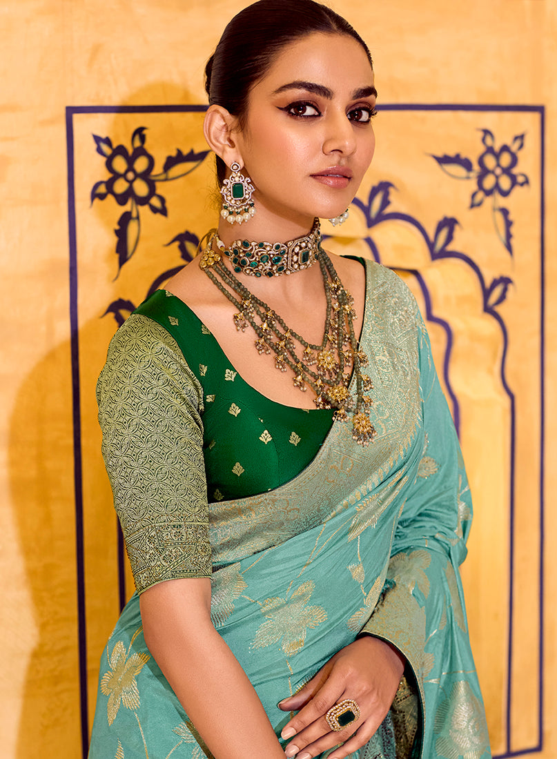 Sea Green Faux Crepe Silk Saree with Zari Weaving Work