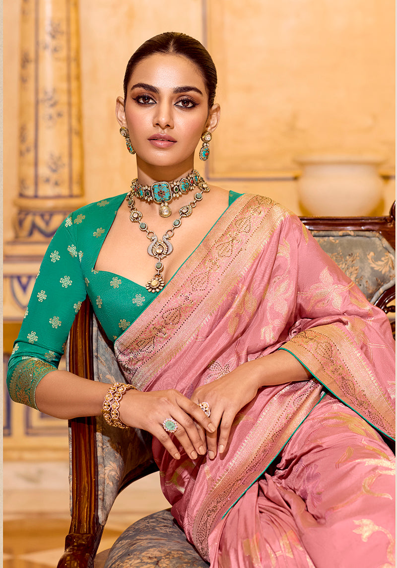 Baby Pink Faux Crepe Silk Saree with Elegant Zari Weaving Work