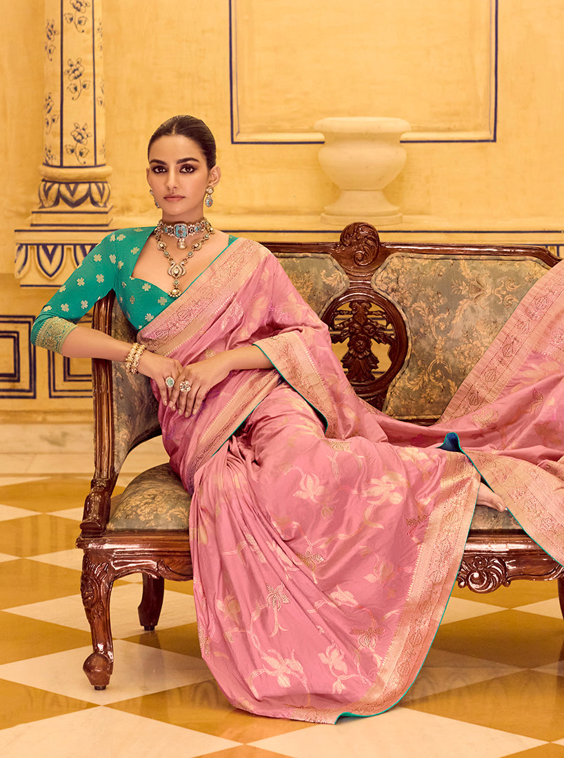 Baby Pink Faux Crepe Silk Saree with Elegant Zari Weaving Work